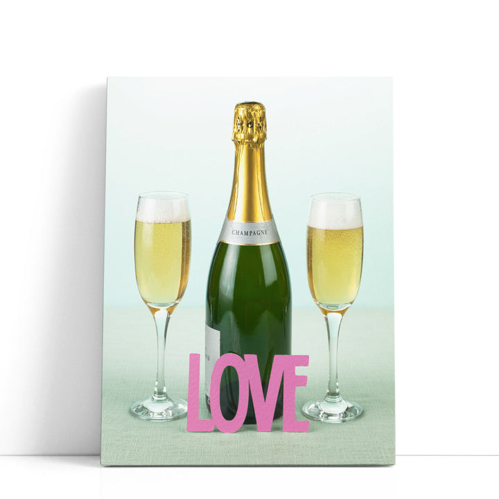 Champagne Bottle And Glasses With The Letters Love - Canvas Print Wall Art