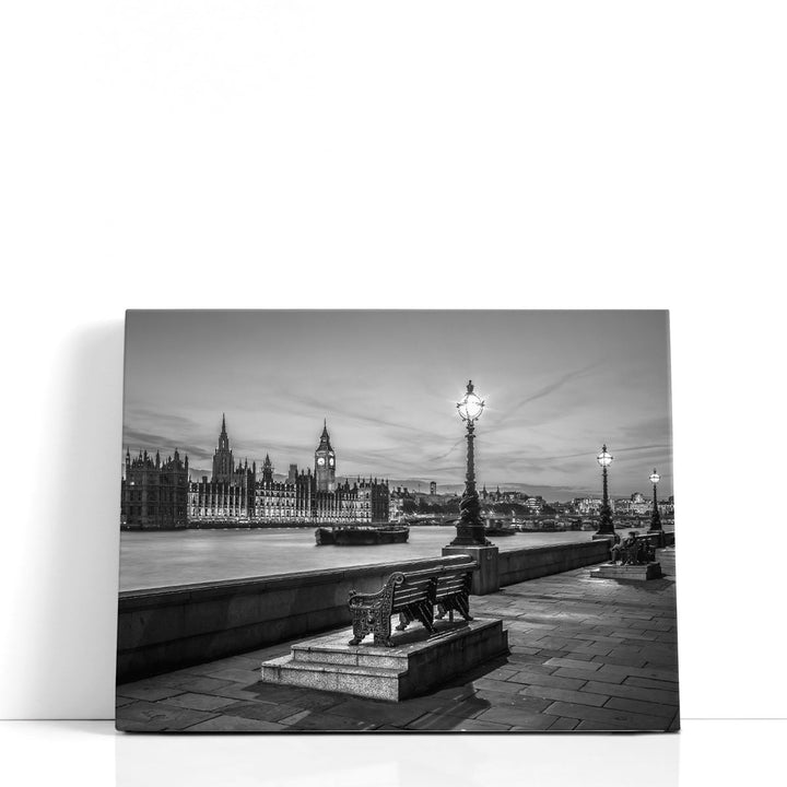 Benches By The Walkway Next To The River Thames, London Black And White - Canvas Print Wall Art