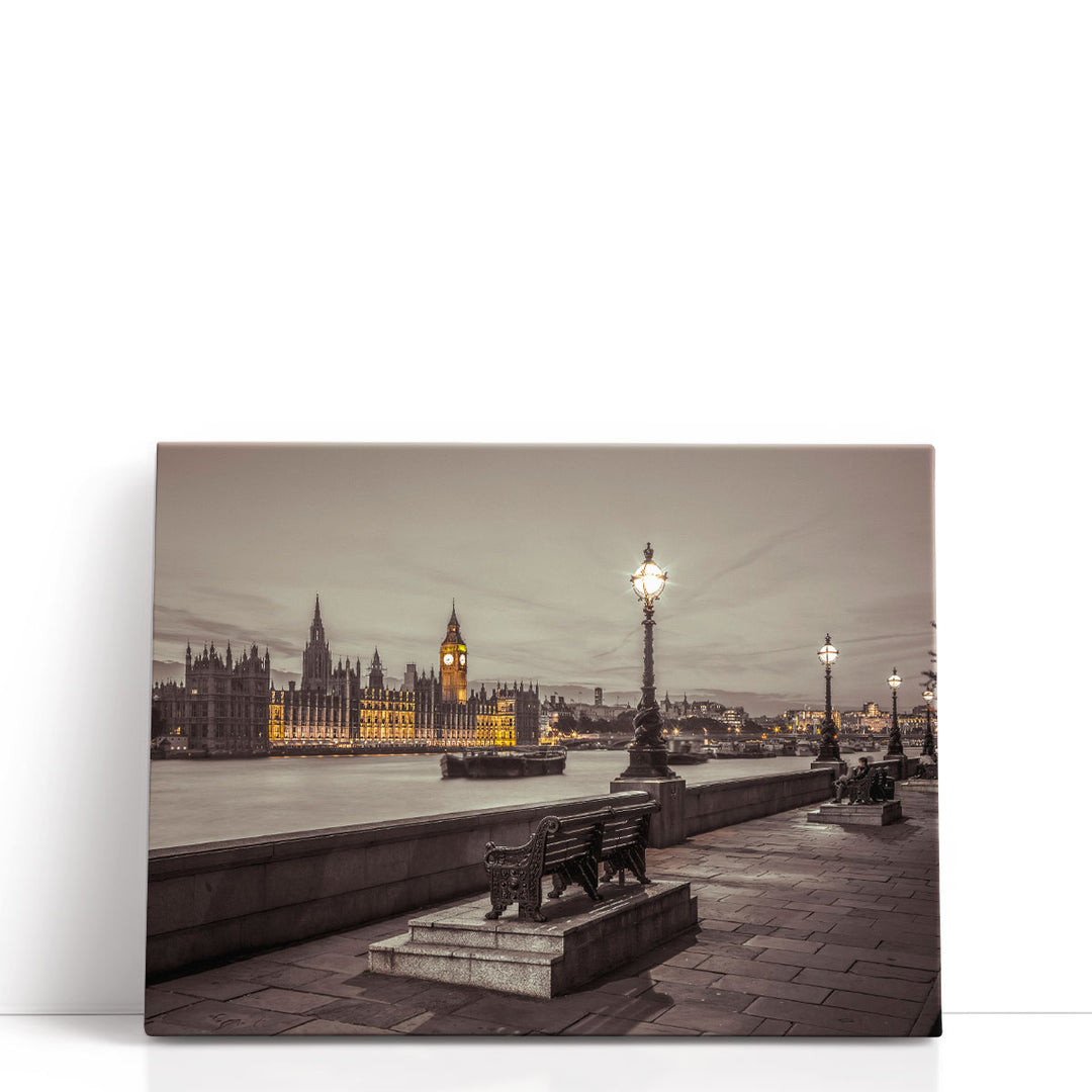 Benches By The Walkway Next To The River Thames, London - Canvas Print Wall Art