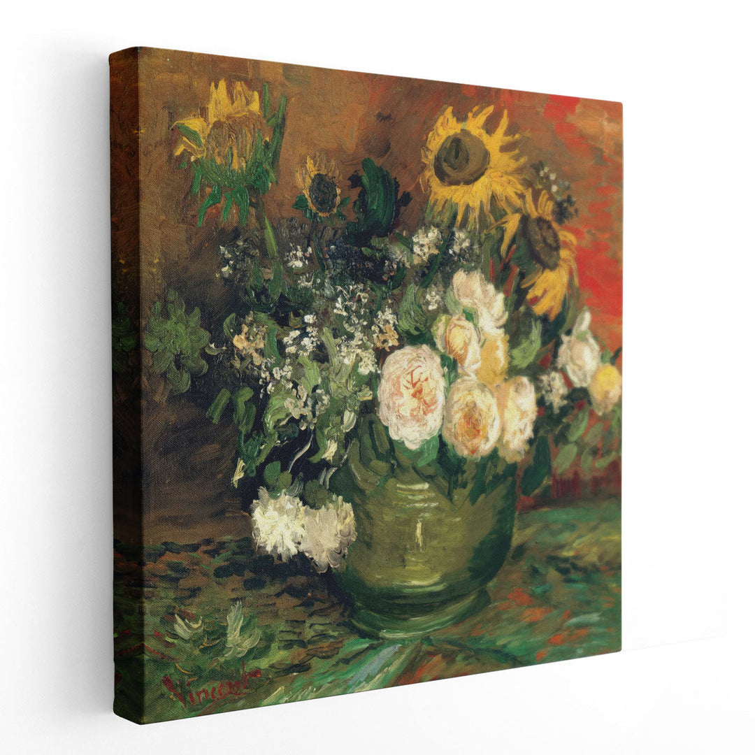 Bowl With Sunflowers Roses And Other Flowers, 1886 - Canvas Print Wall Art