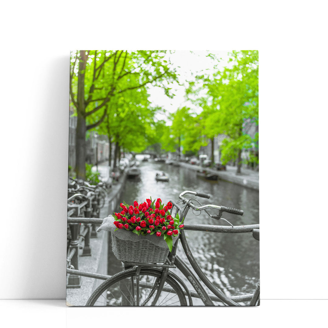 Bicycle With Bunch Of Flowers By The Canal, Amsterdam - Canvas Print Wall Art