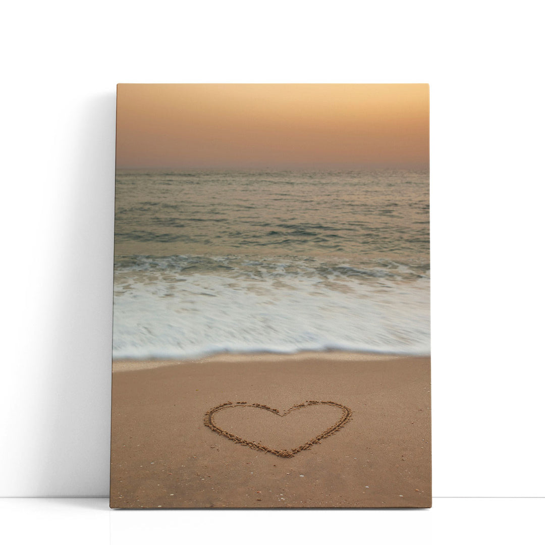 Heart Shape Drawn On Beach - Canvas Print Wall Art