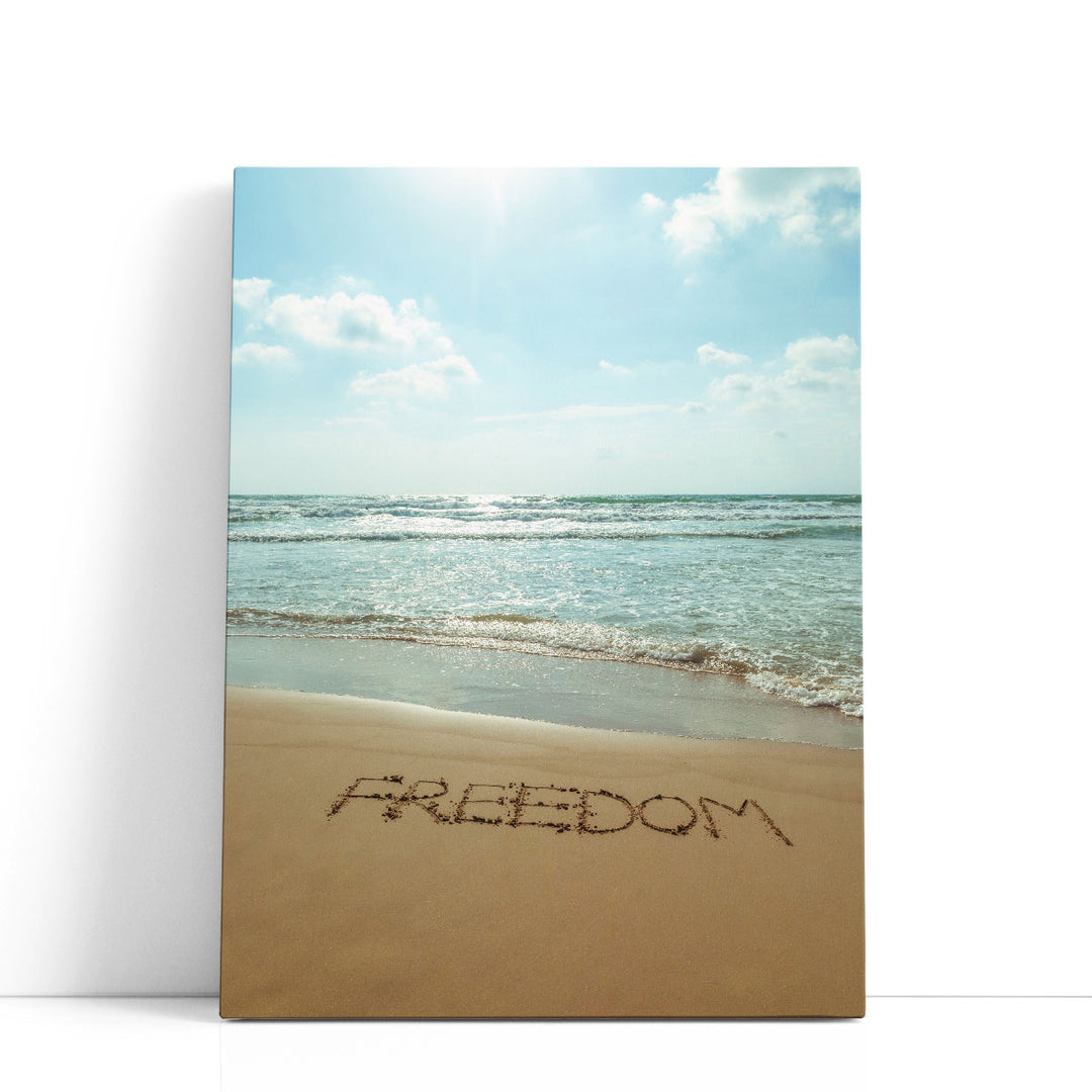 Word Freedom Written In Sand - Canvas Print Wall Art