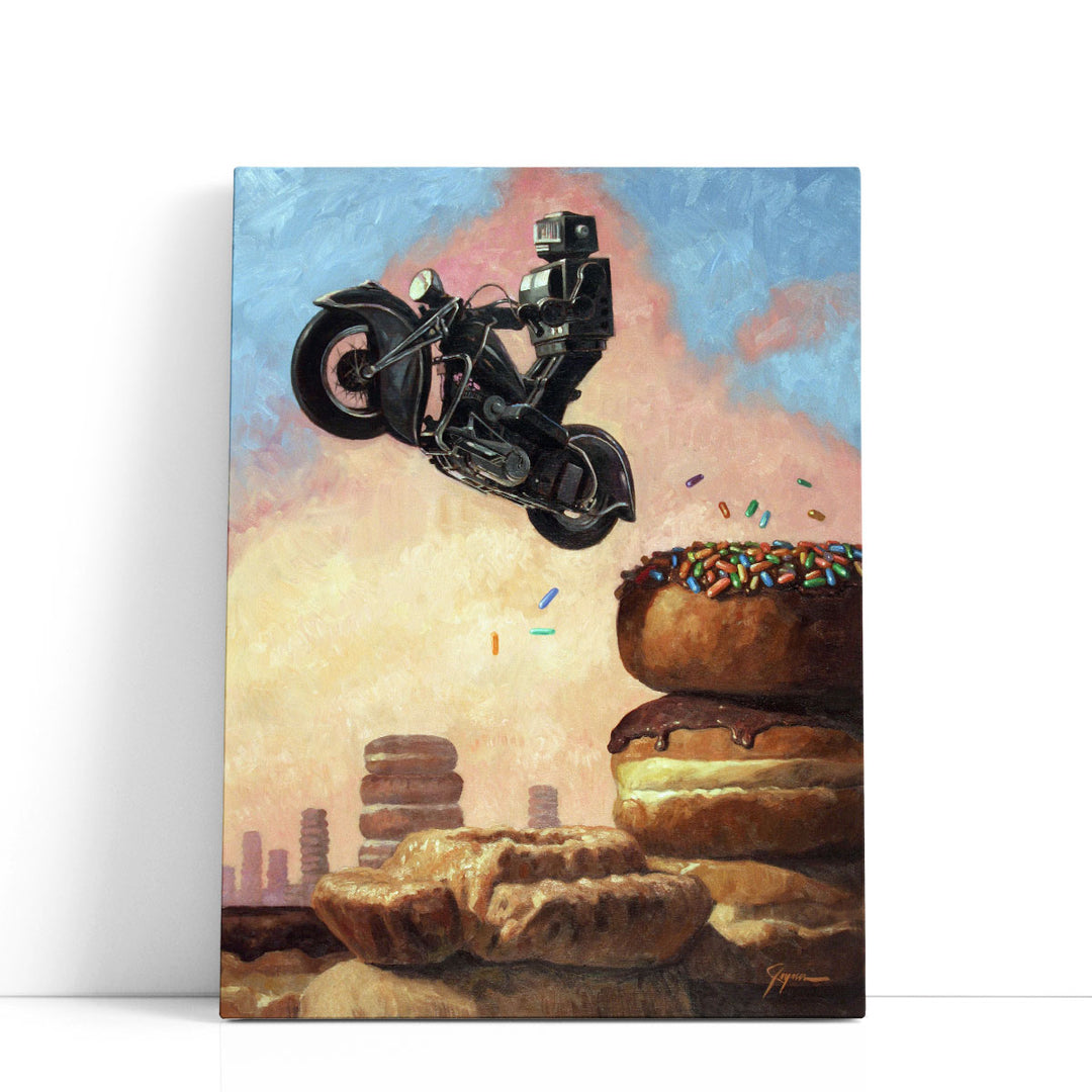 robot sliding motorcycle from doughnut pile