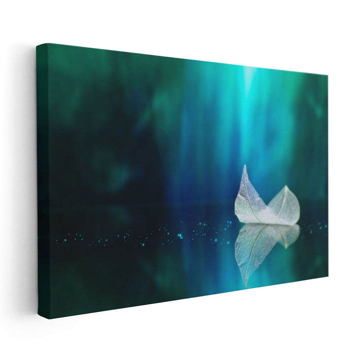 Refection of a Leaf With Turquoise Background - Canvas Print Wall Art