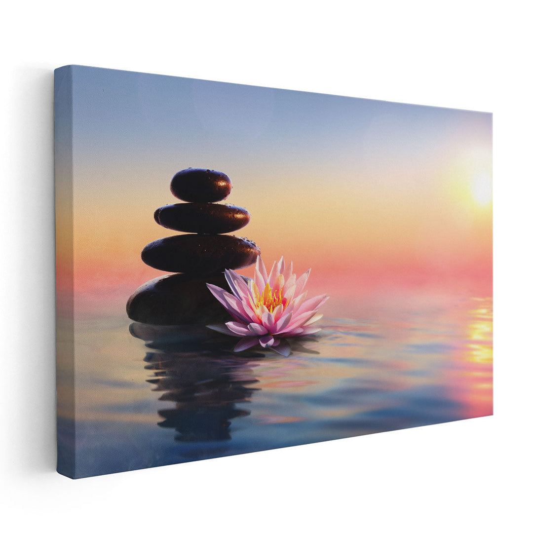 Zen Concept - Spa Stones And Waterlily In A Lake At Sunset - Canvas Print Wall Art