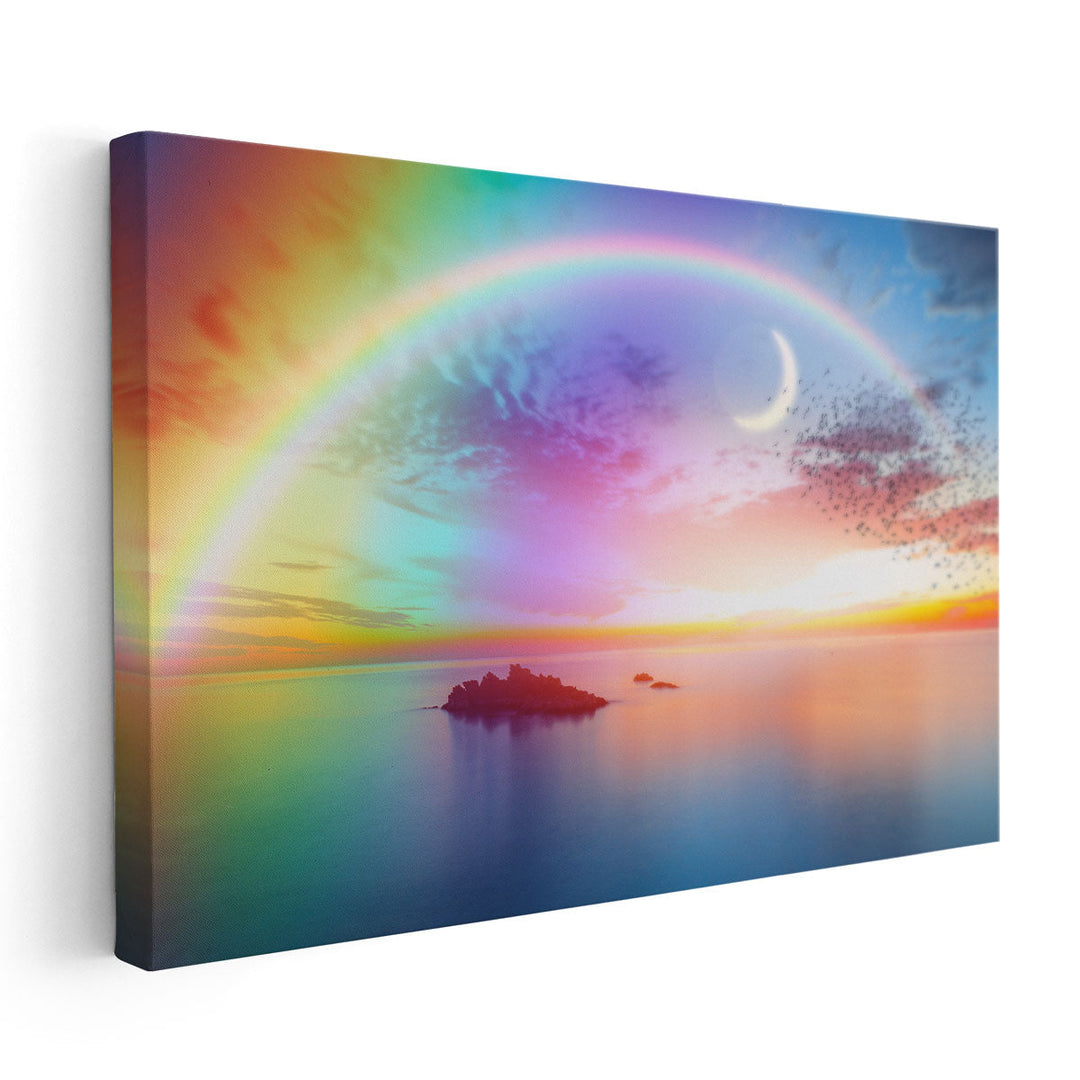 Beautiful Landscape With Rainbow, Sea and Birds - Canvas Print Wall Art