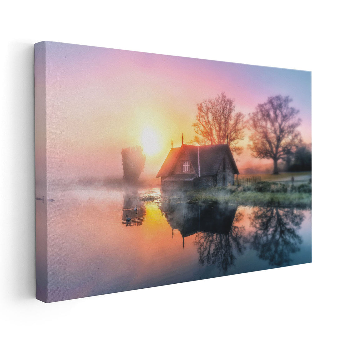 Foggy Lake House in Early Morning During Sunrise - Canvas Print Wall Art