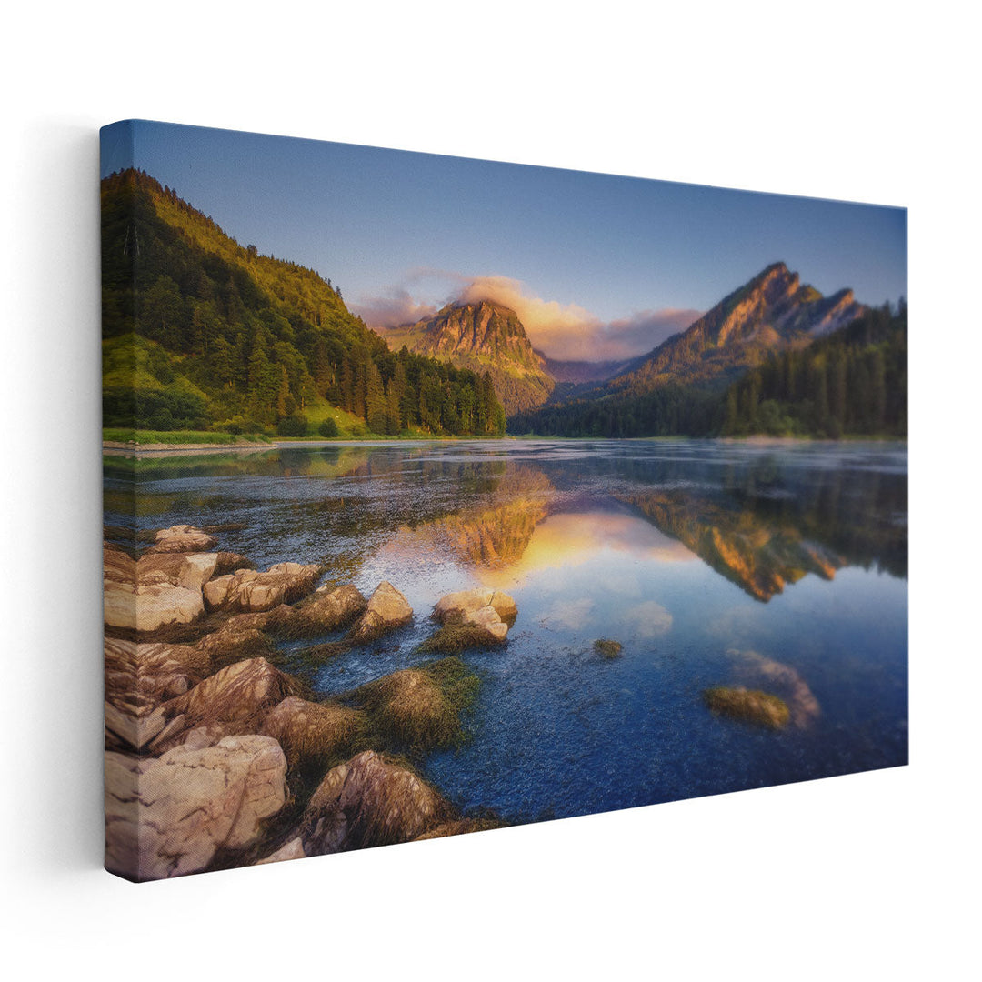 Sunset at Turquoise Lake Obersee, Swiss Alps, Europe - Canvas Print Wall Art