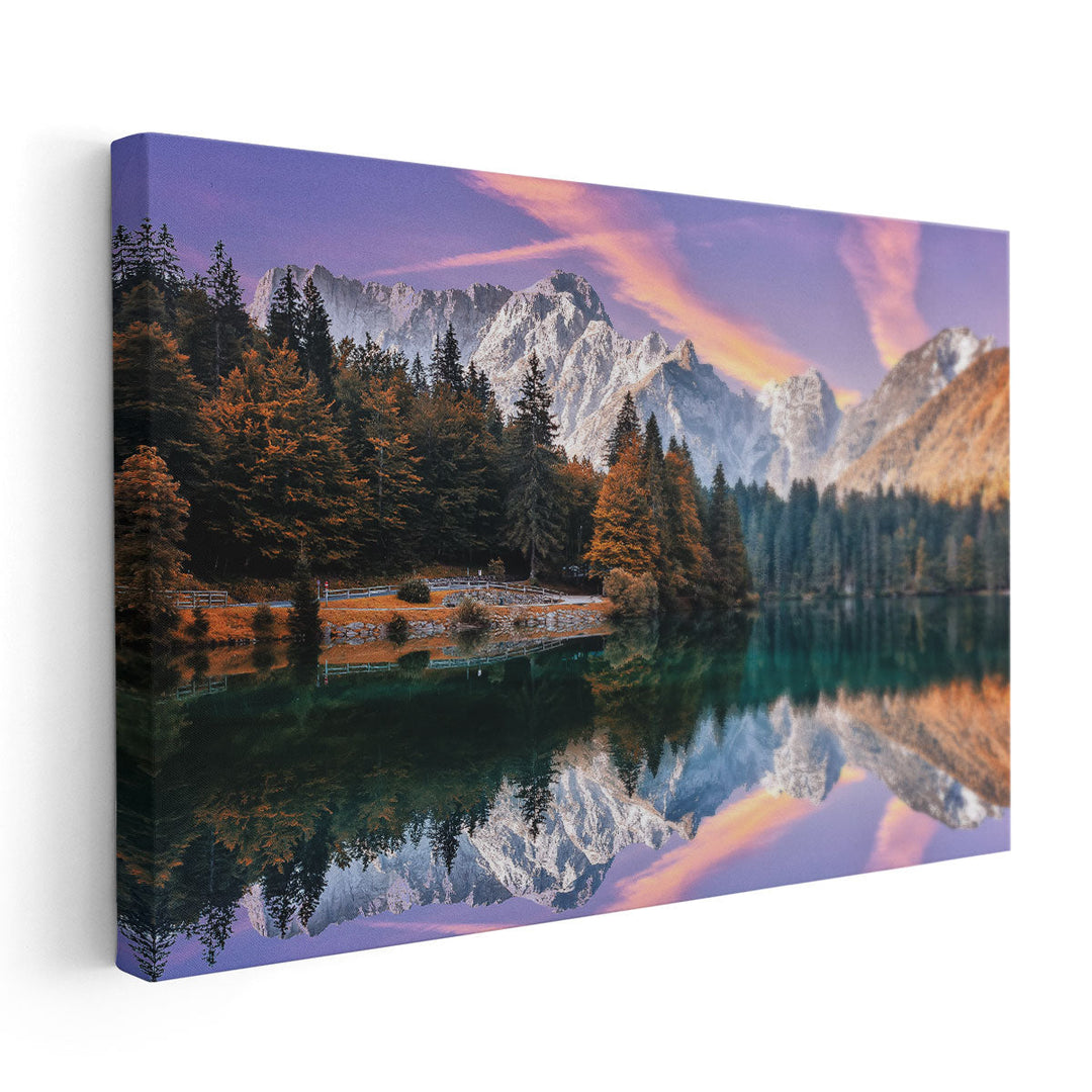 Autumn Landscape During Sunset At The Fusine Lake - Canvas Print Wall Art