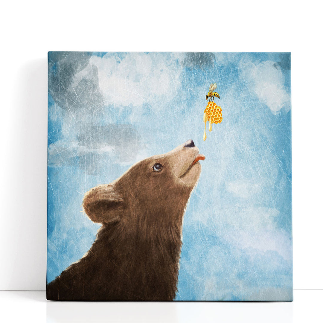 Bear Cub and Bee with Honeycomb - Canvas Print Wall Art