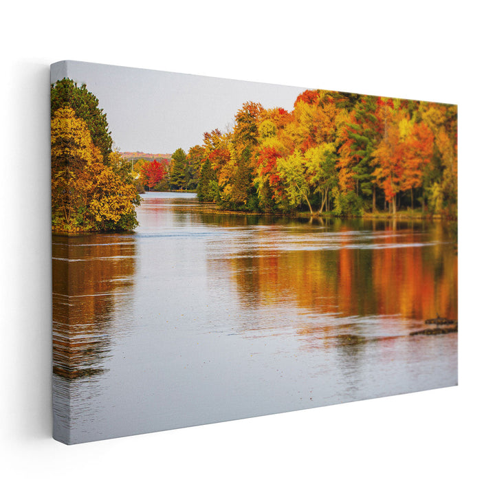 Colorful Autumn Trees Reflecting off of the Wisconsin River in Merrill - Canvas Print Wall Art