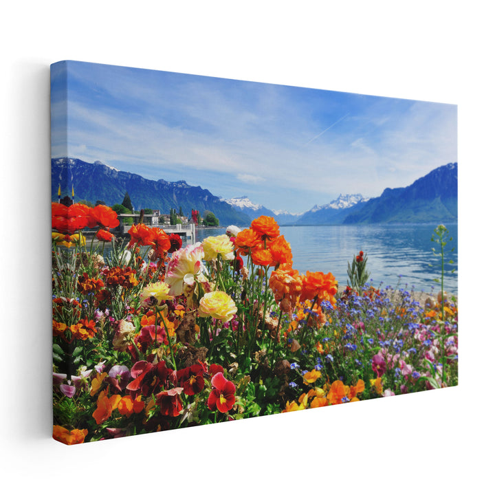 Colorful Flowers in Bloom Near Lakeshore - Canvas Print Wall Art