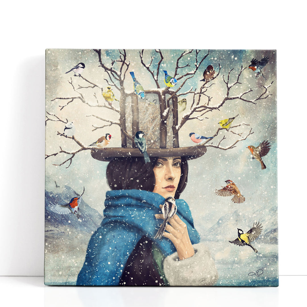 The Lady With The Bird Feeder Hat - Canvas Print Wall Art