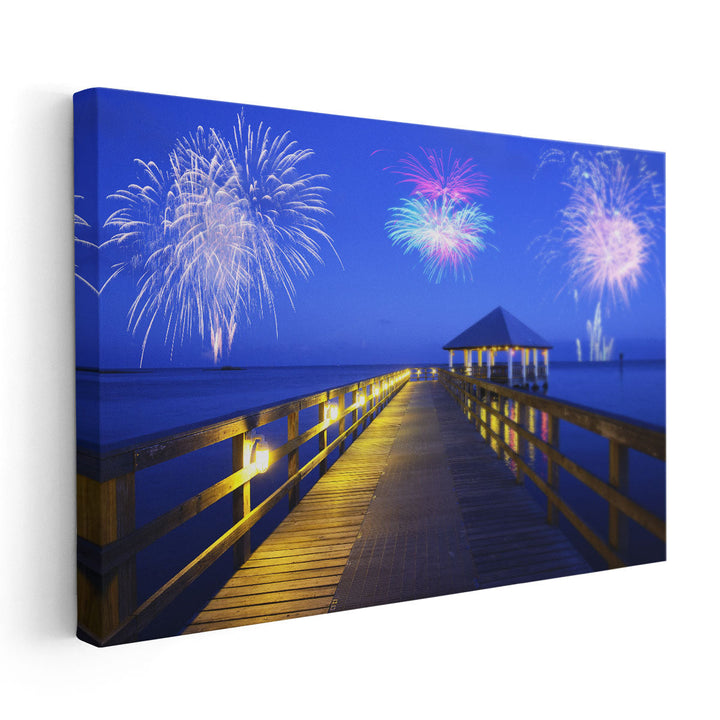 Fireworks Over Apalachicola Sea, Florida - Canvas Print Wall Art