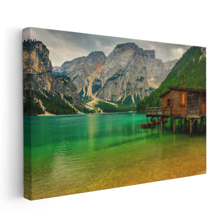 Hut on Braies Lake in Dolomiti Mountains, Sudtirol, Italy - Canvas Print Wall Art