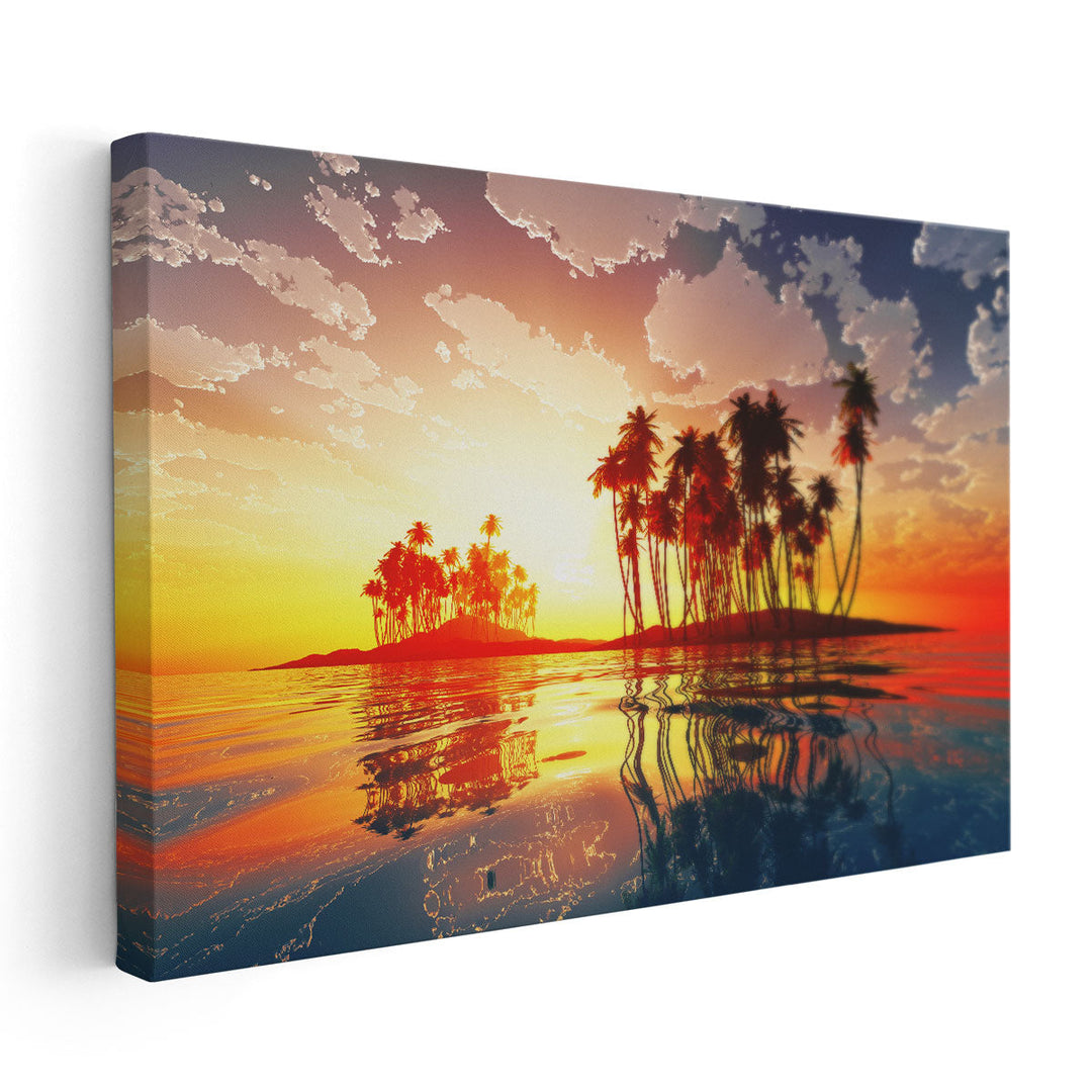 Magic Sunset in Clouds Over Coconut Tropic Island - Canvas Print Wall Art