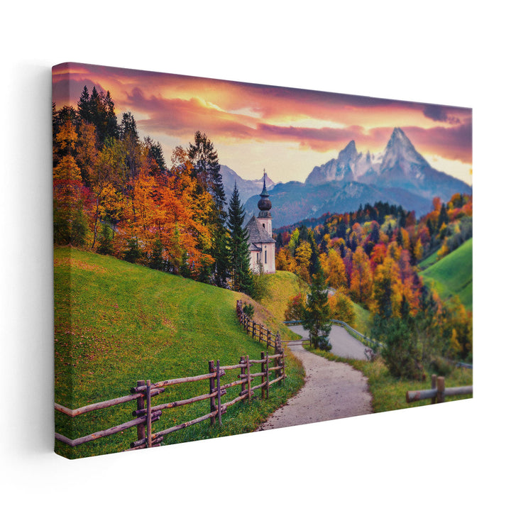 Maria Gern Church in Bavaria, Hochkalter Peak, Evening Landscape - Canvas Print Wall Art