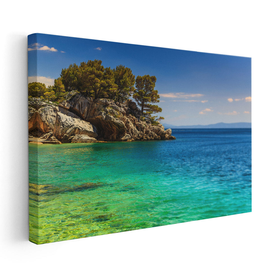 Stunning Landscape With Rocky Island and Clean Water on the Beach - Canvas Print Wall Art