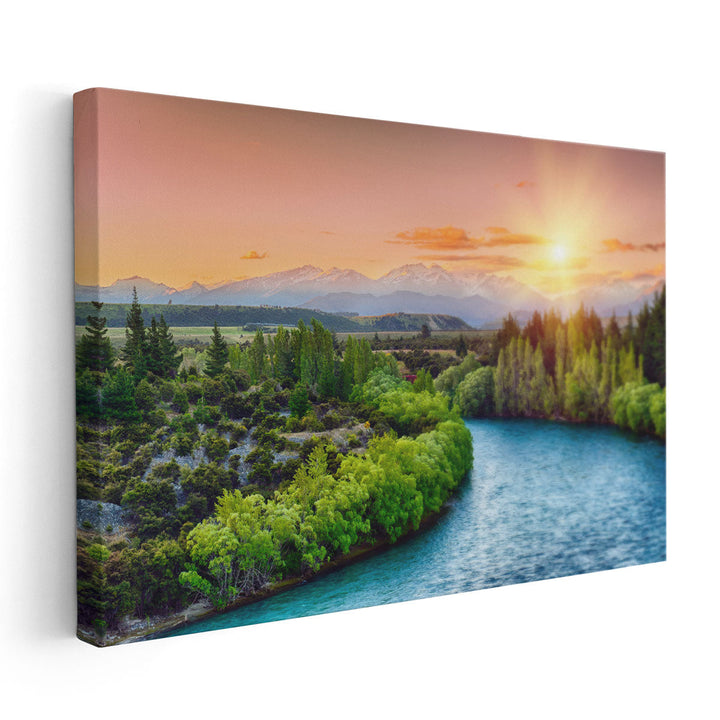 Sunset Over The Bend Of The River Clutha, Alps Peaks - Canvas Print Wall Art