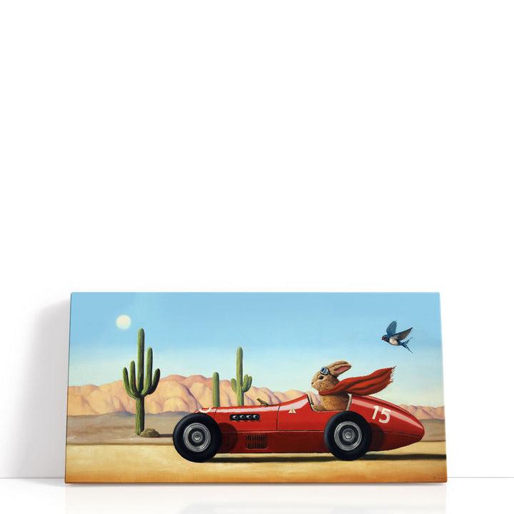 Desert landscape artwork with red car and rabbit