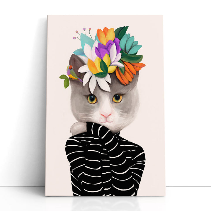Cat With Flowers And Finch - Canvas Print Wall Art