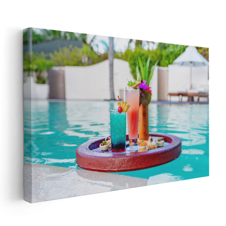 Floating Tray in Swimming Pool With Cocktails and Snacks - Canvas Print Wall Art