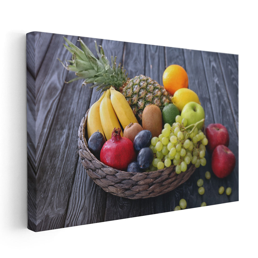 Fresh Fruits Basket On Wooden Table - Canvas Print Wall Art