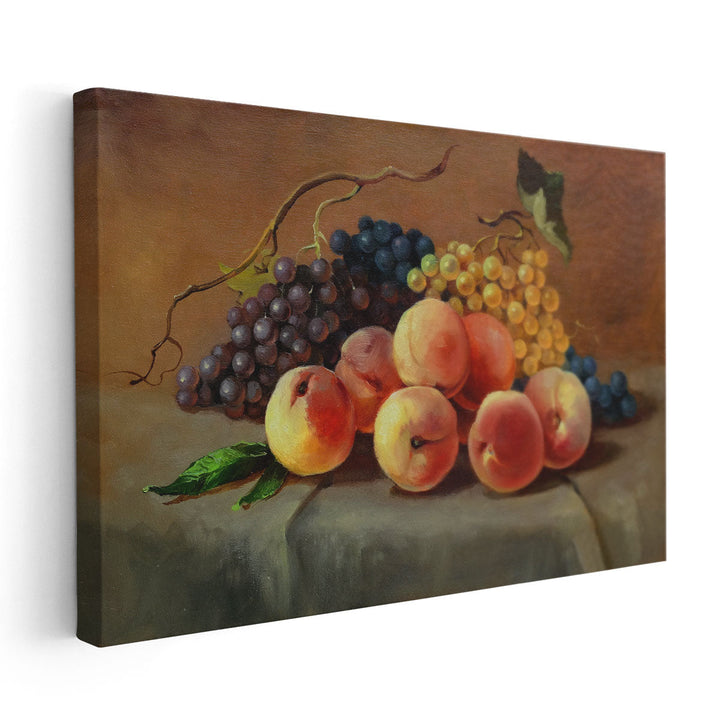 Ripe Juicy Peaches and Grapes on the Table Oil Painting Print - Canvas Print Wall Art