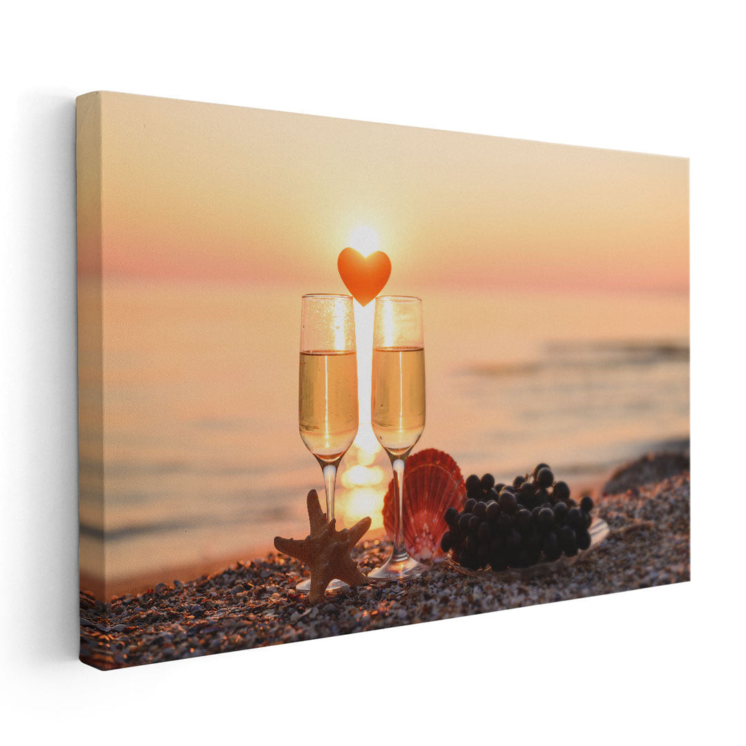 Romantic Atmosphere at Sunset By The Sea, Grapes, Wine and a Heart - Canvas Print Wall Art