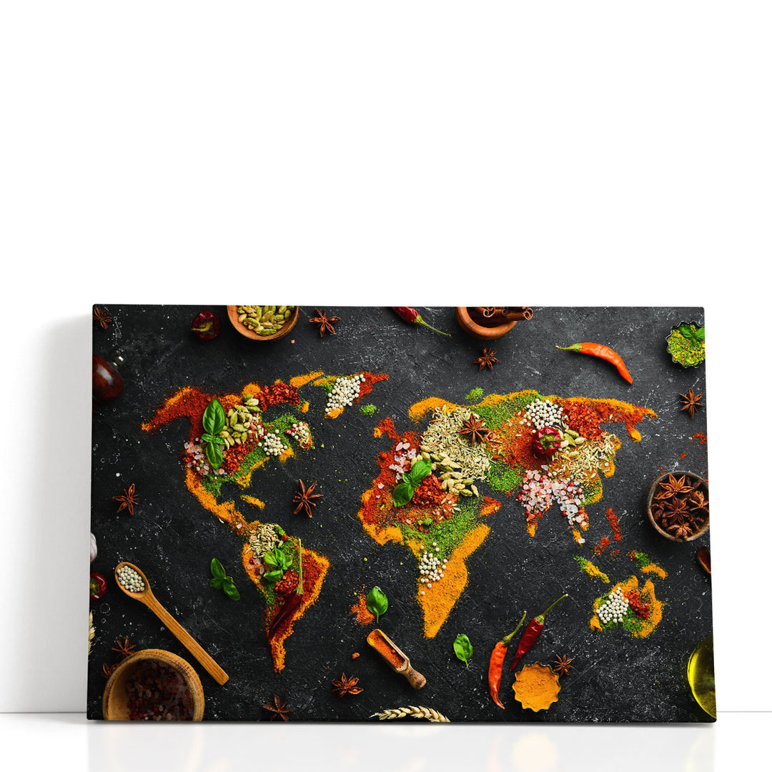 Set of Herbs and Spices as World Map, Kitchen Decor, Restaurant Art - Canvas Print Wall Art