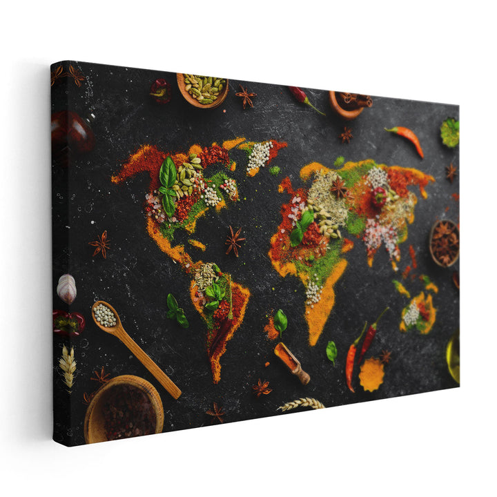 Set of Herbs and Spices as World Map, Kitchen Decor, Restaurant Art - Canvas Print Wall Art