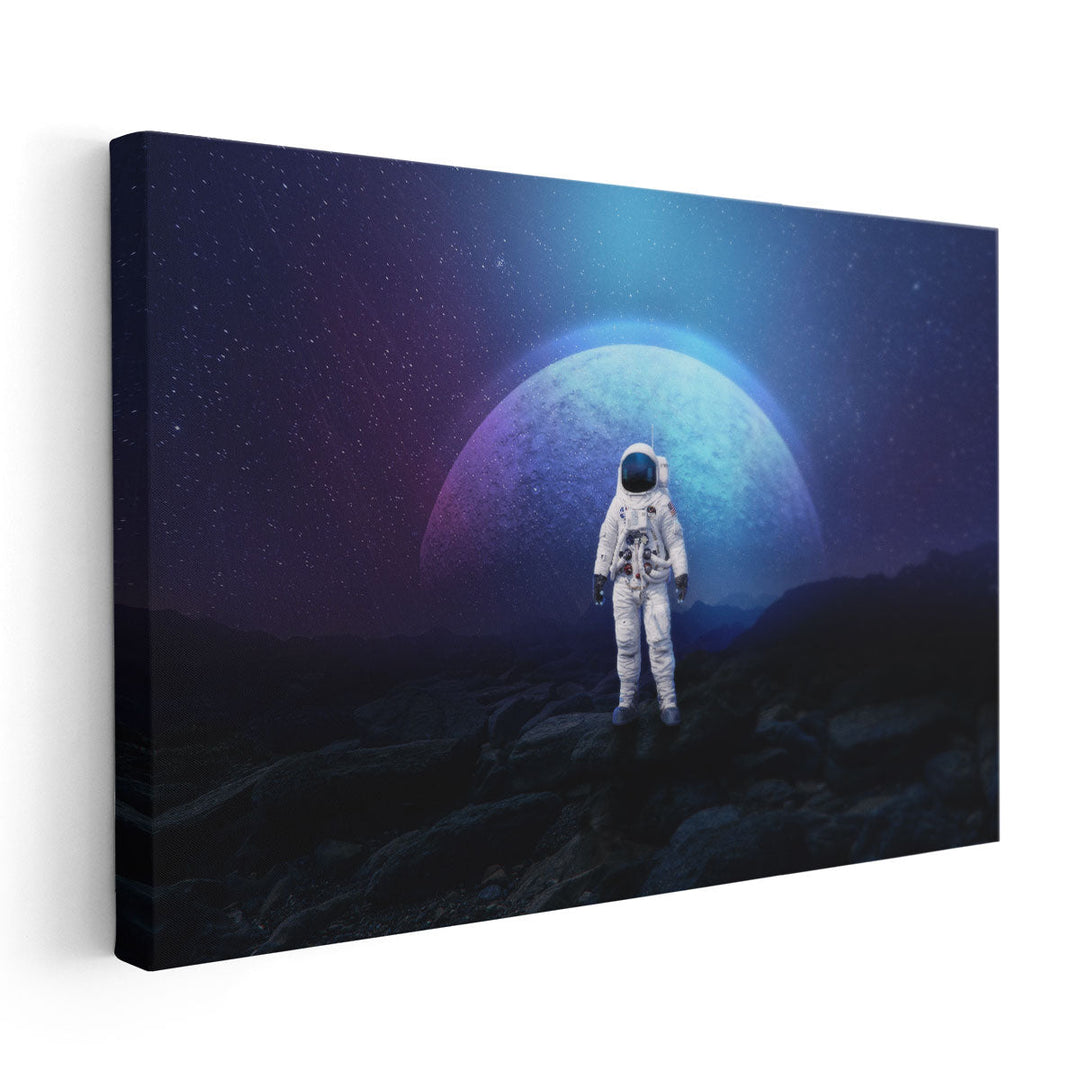 Astronaut On The Rock Surface With Space Background - Canvas Print Wall Art