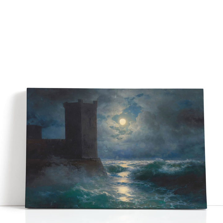 tower silhouette over moonlit ocean waves