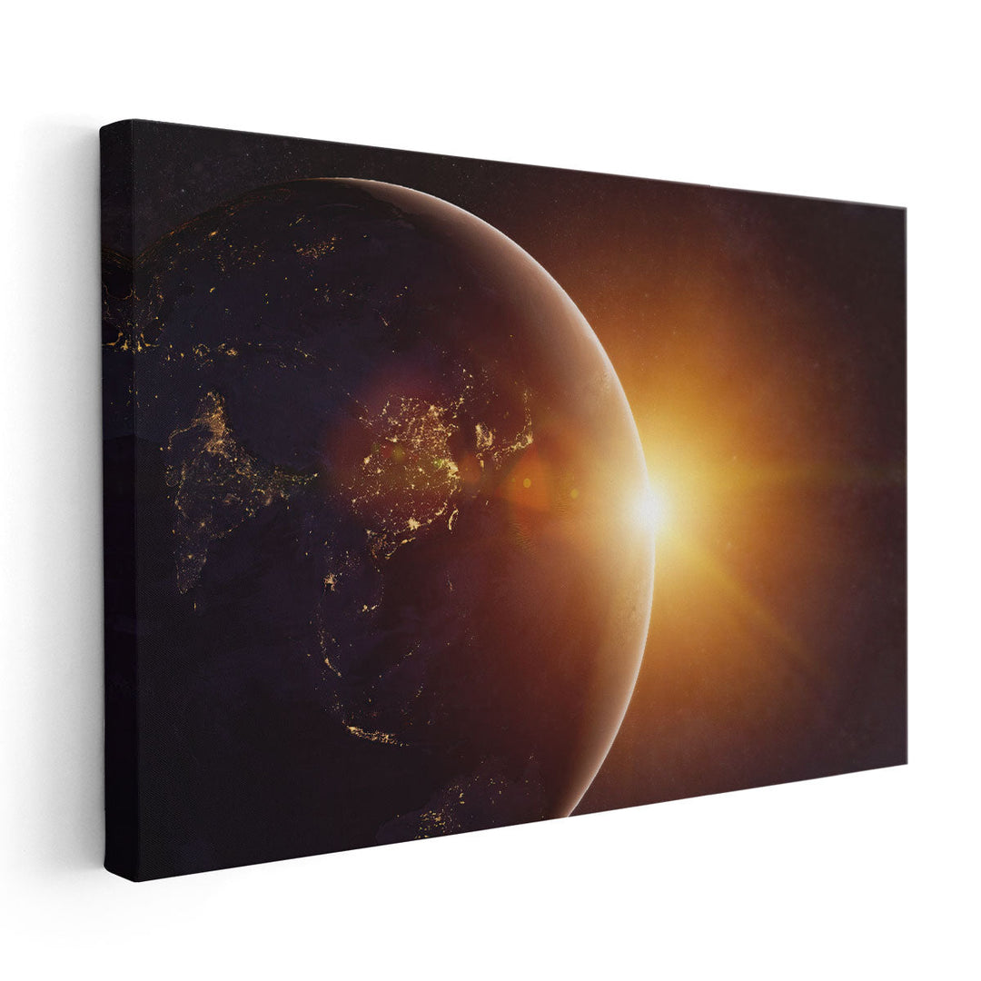 Our Earth in Cosmos and Bright Sun - Canvas Print Wall Art