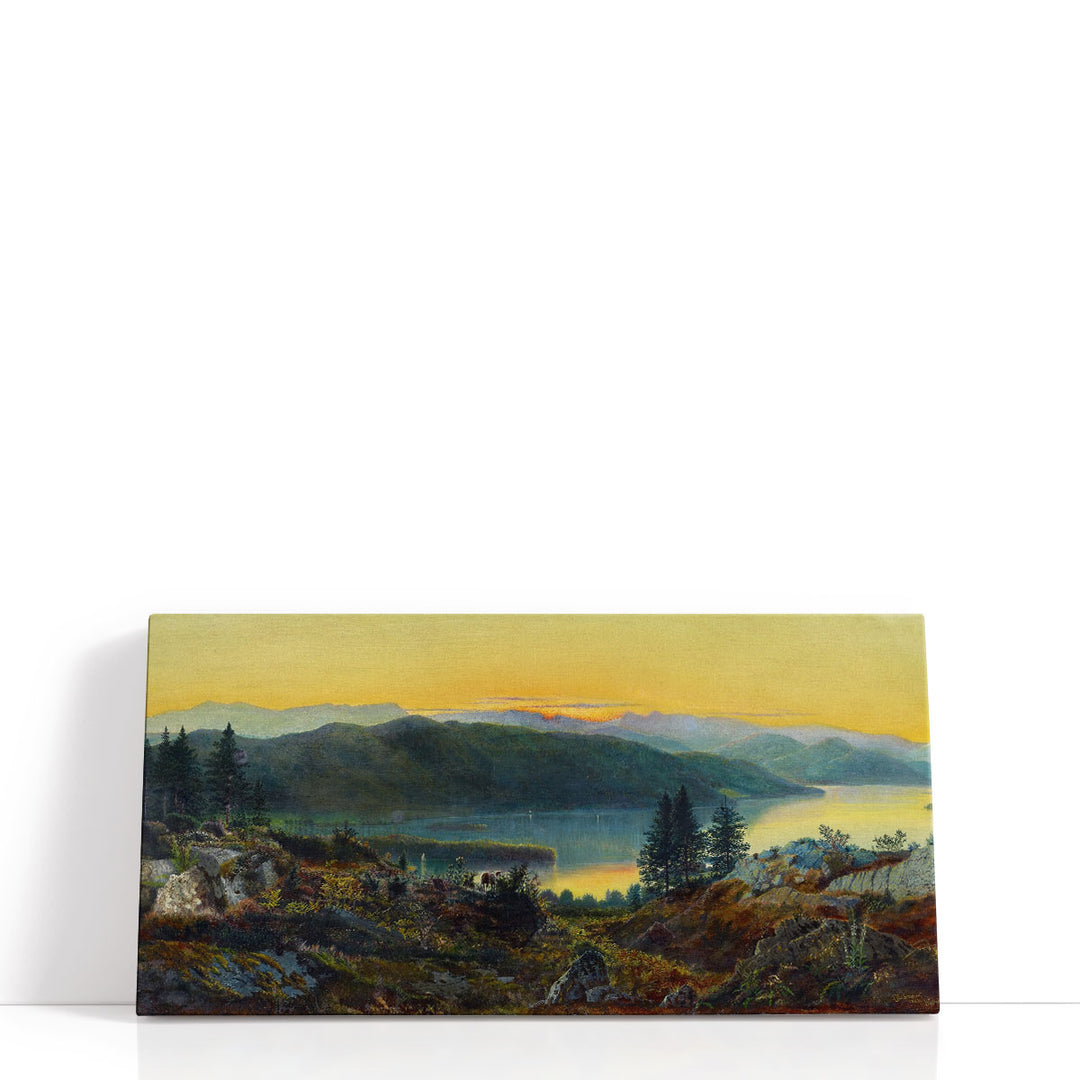 Sunset lake wall art with glowing reflections