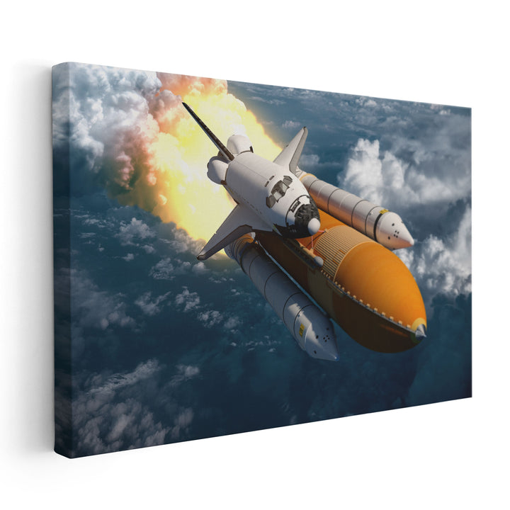 Space Shuttle Flying Over The Clouds - Canvas Print Wall Art