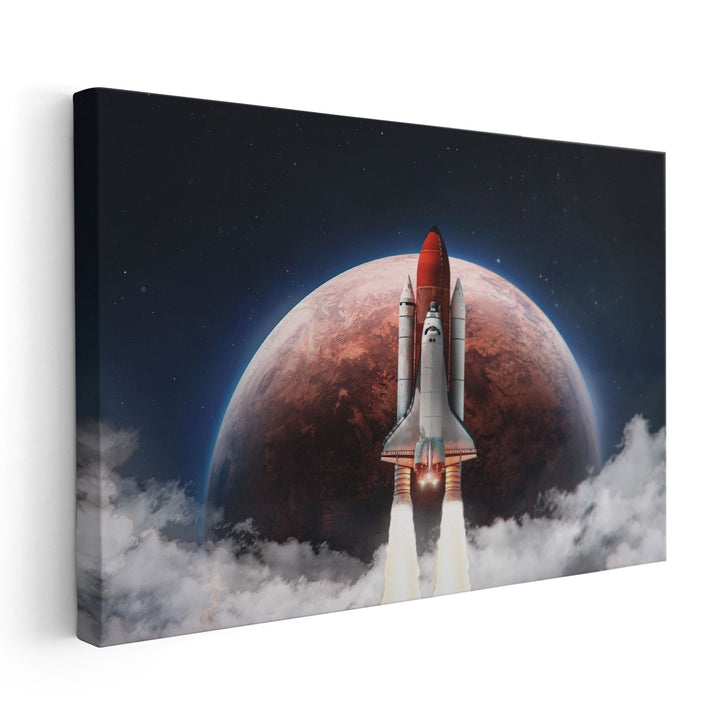 Spaceship in the Outer Space on The Orbit of Mars Planet - Canvas Print Wall Art