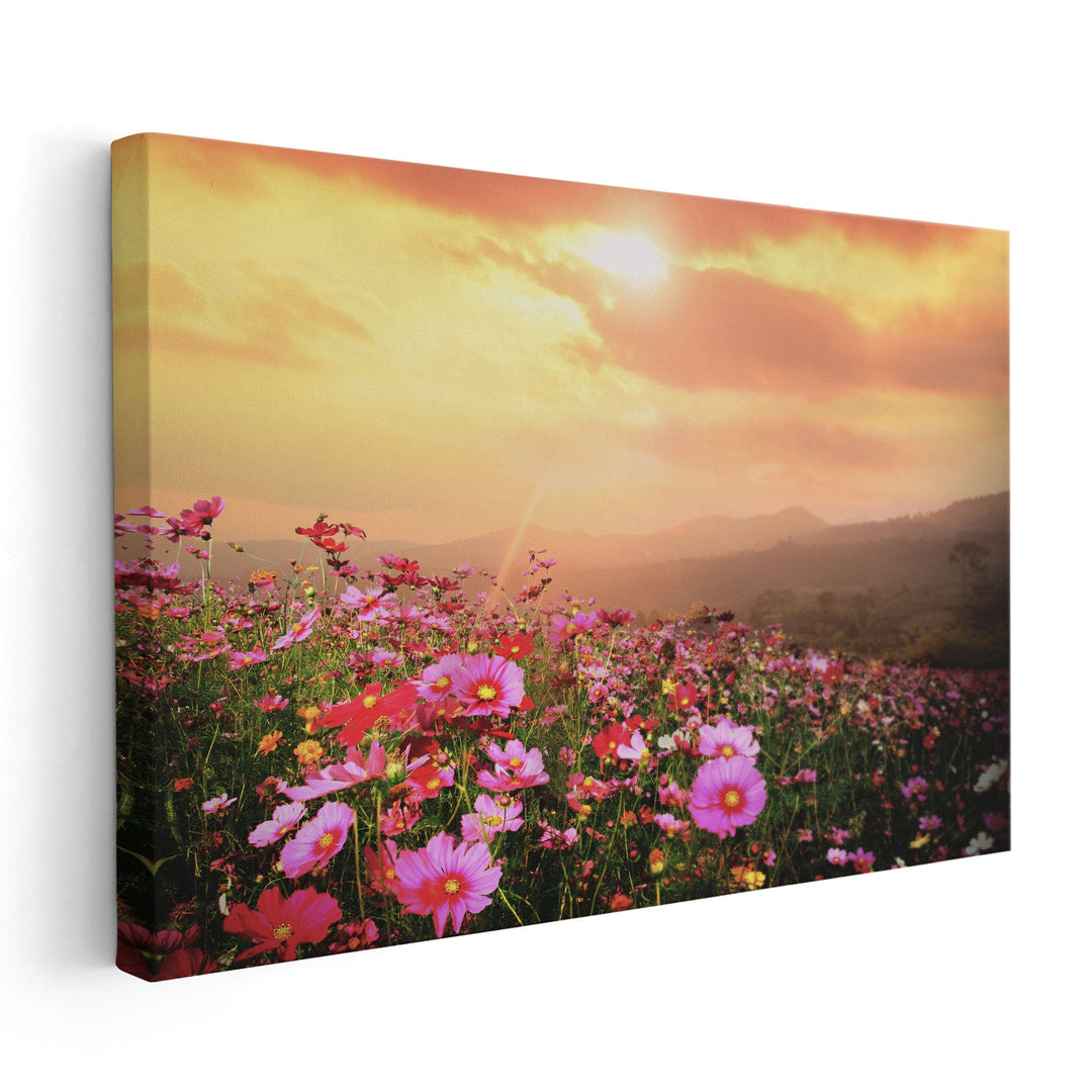 Mountain Landscape with Pink Cosmos Flowers at Sunset - Canvas Print Wall Art