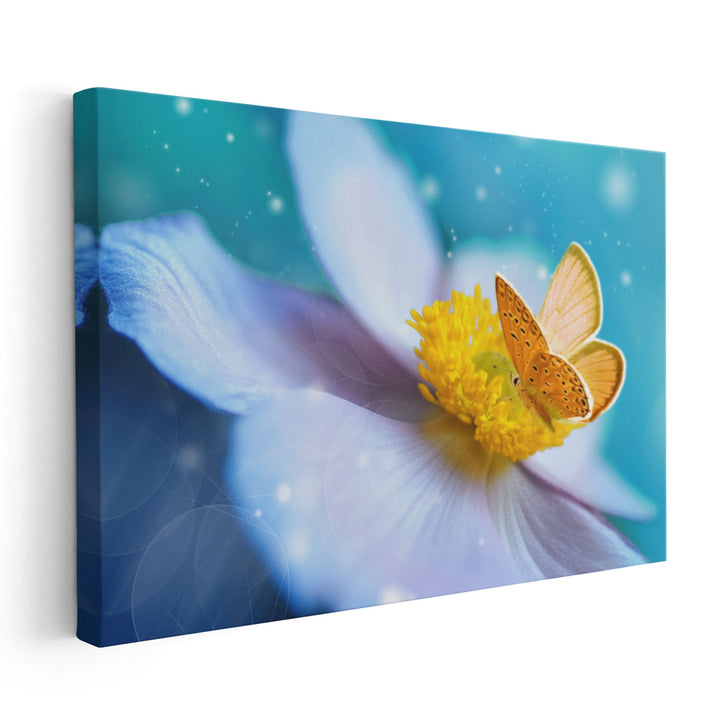 White Anemone Flower With Yellow Stamens and Butterfly - Canvas Print Wall Art