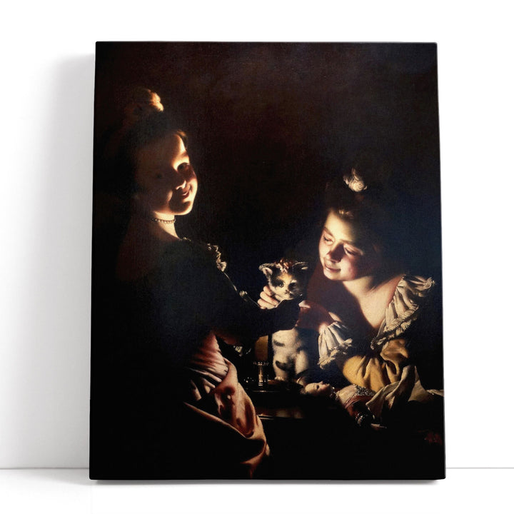 Two Girls Dressing a Kitten by Candlelight - Canvas Print Wall Art