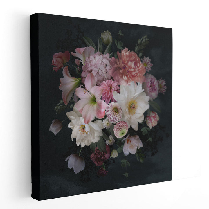 Pink and White Peonies, Roses, Tulips Bouquet On Dark Background - Canvas Print Wall Art