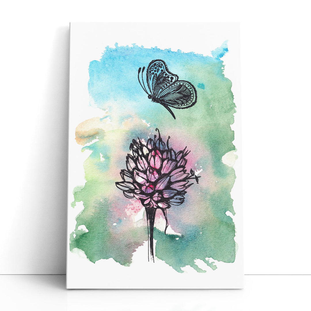 A Flower and A Butterfly, Watercolor Style - Canvas Print Wall Art