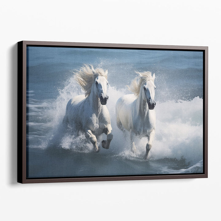 Two White Horses Running on a Beach With Waves - Canvas Print Wall Art