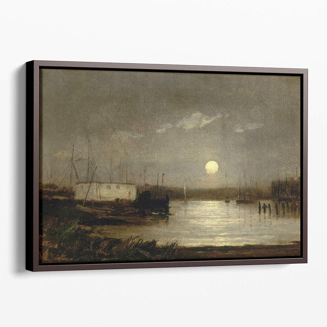 Wharf Scene with Full Moon and Masts of Boats - Canvas Print Wall Art