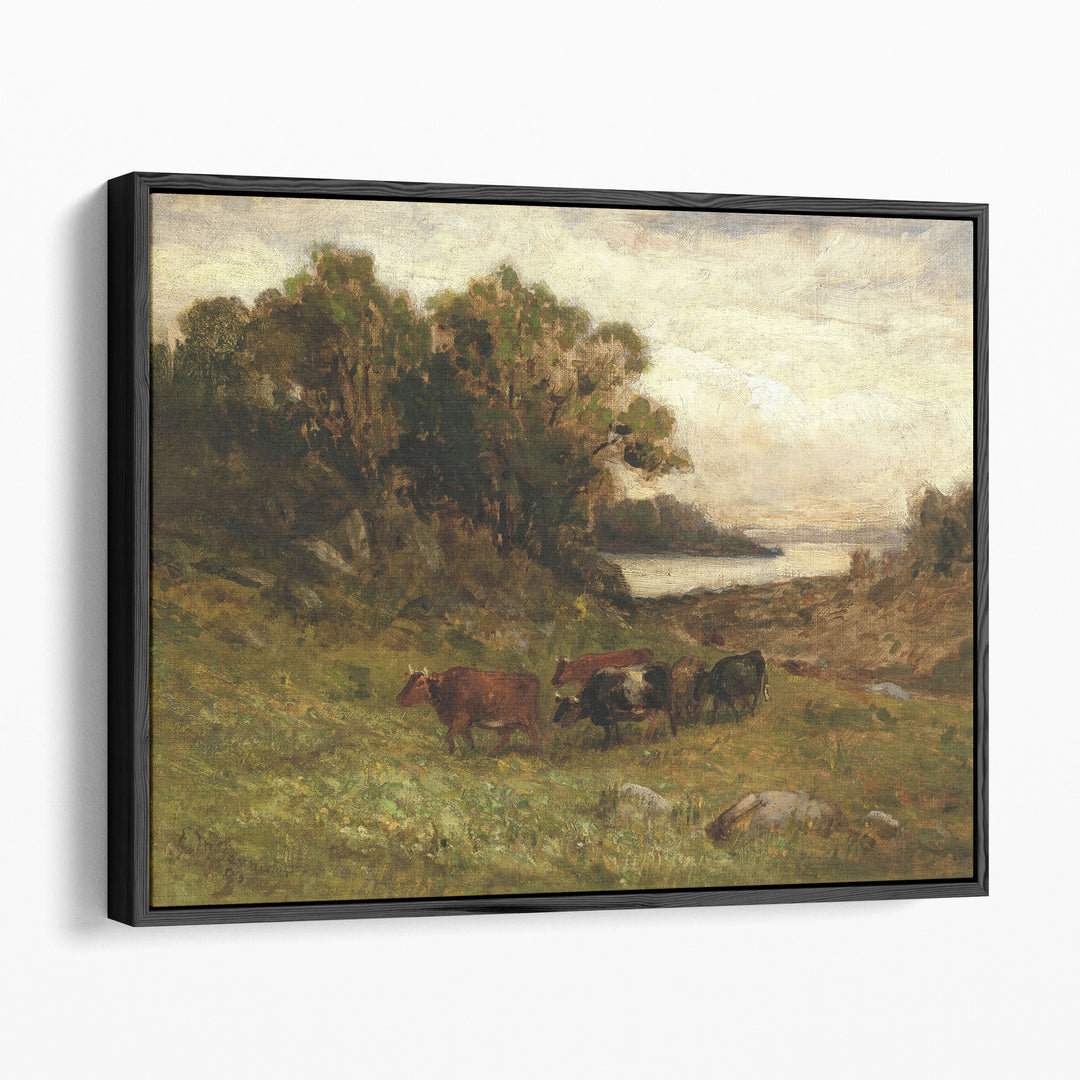 Five Cows Grazing with Trees and River in Background - Canvas Print Wall Art