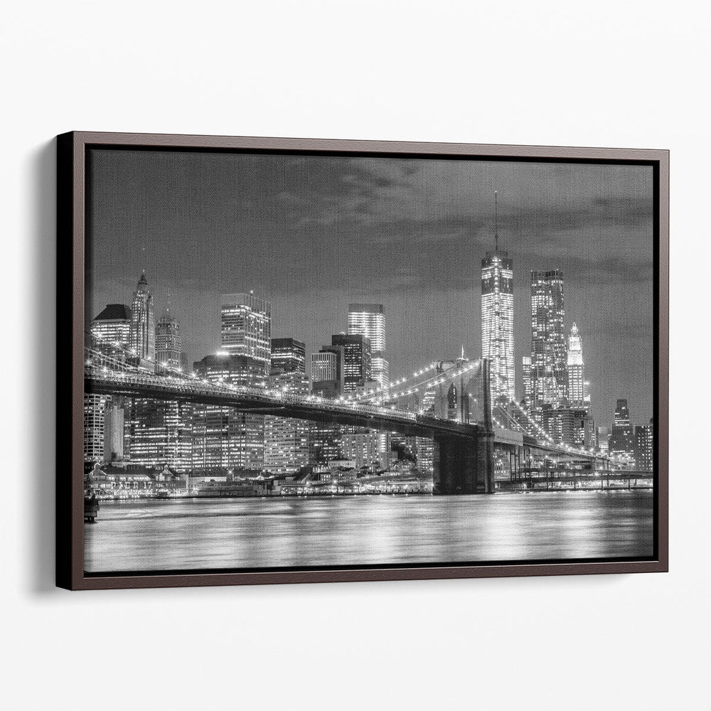 Brooklyn Bridge and Manhattan Skyline At Night in Black and White - Canvas Print Wall Art