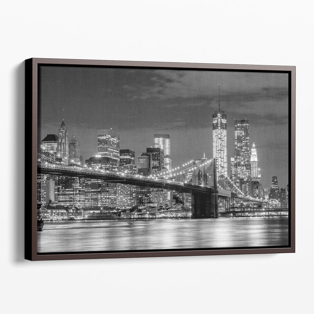 Brooklyn Bridge and Manhattan Skyline At Night in Black and White - Canvas Print Wall Art