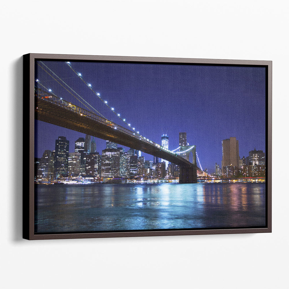 Manhattan and The Brooklyn Bridge At Night - Canvas Print Wall Art