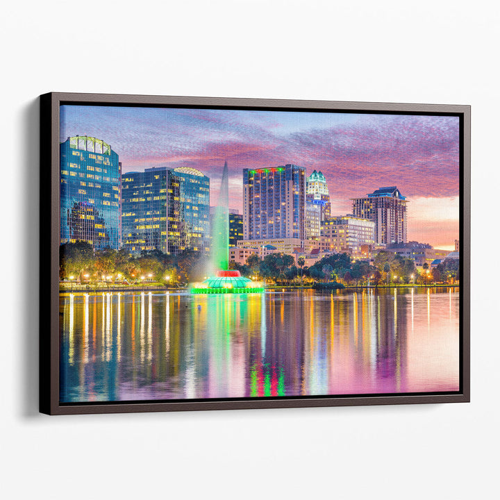 Orlando, Florida, Skyline At Dusk on Eola Lake - Canvas Print Wall Art